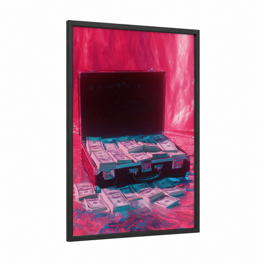 Neon Money Briefcase framed art print — black wood frame — magenta and blue palette