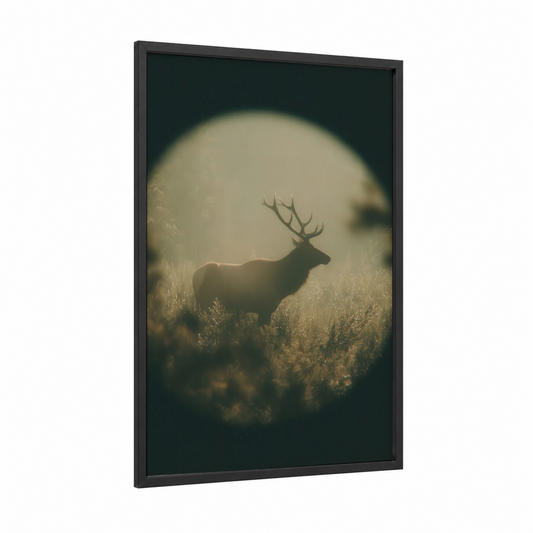 Misty Elk Hunt framed hunting print — black wood frame — gold and black and white palette