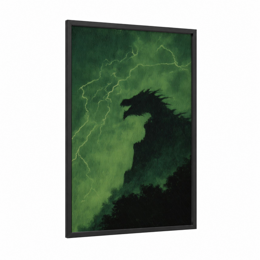Storm Dragon framed dark fantasy print — black wood frame — black and true green palette