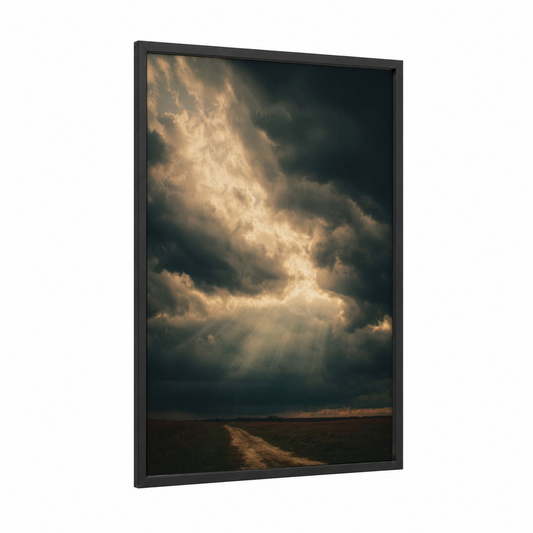 Dramatic Storm Light framed art print — black wood frame — gray and gold and silver palette