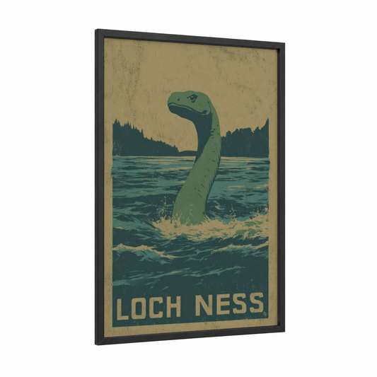 Loch Ness Legend framed loch ness monster print — black wood frame — teal and cream palette