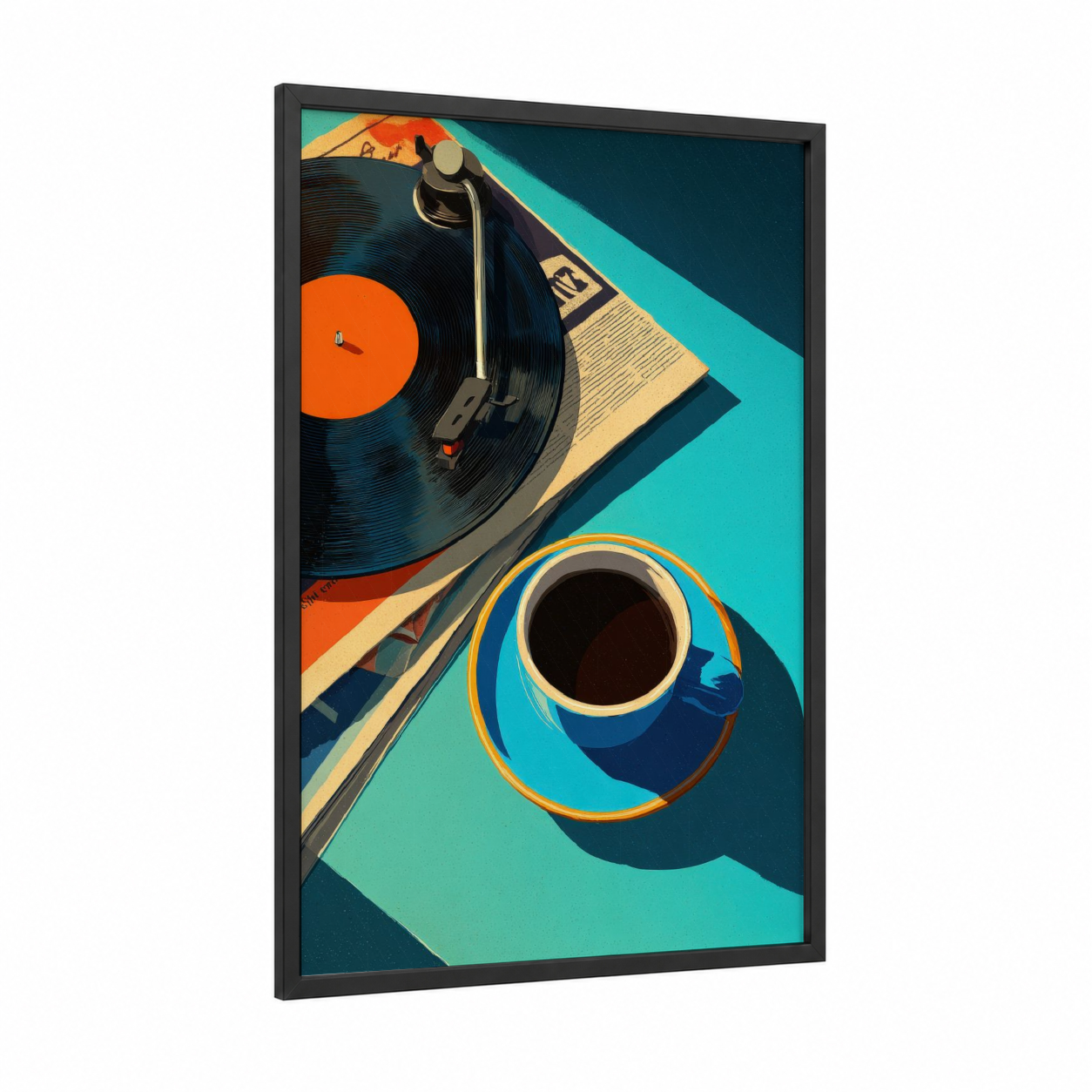 Retro Vinyl Setup framed vinyl records print — black wood frame — orange and teal palette