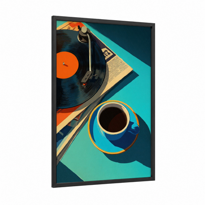 Retro Vinyl Setup framed vinyl records print — black wood frame — orange and teal palette