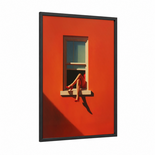 Red Window Pose framed art print — black wood frame — red and orange palette