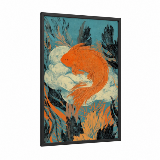 Orange Dragon Fish framed art print — black wood frame — orange and turquoise palette