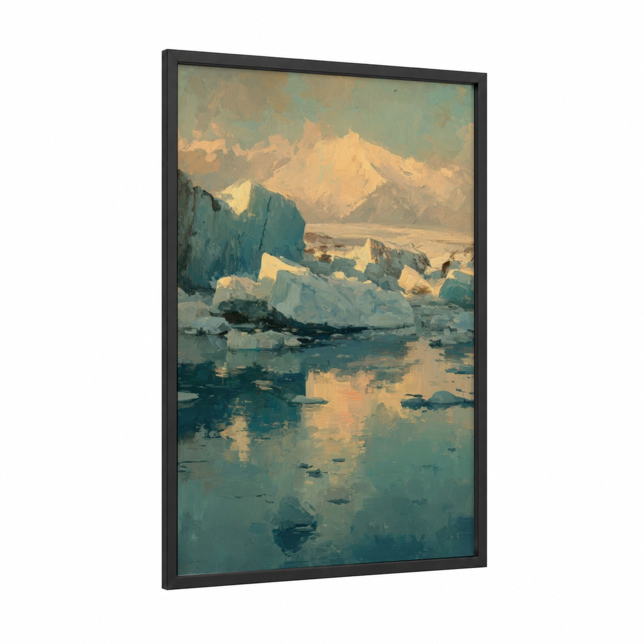 Alpine Glacier Dawn framed art print — black wood frame — teal and cream palette