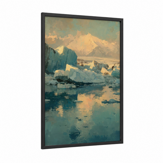Alpine Glacier Dawn framed art print — black wood frame — teal and cream palette