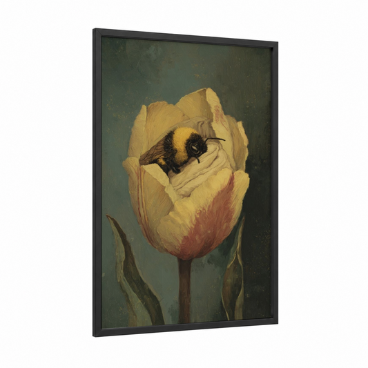 Bee in Tulip framed art print — black wood frame — sage green and gold palette