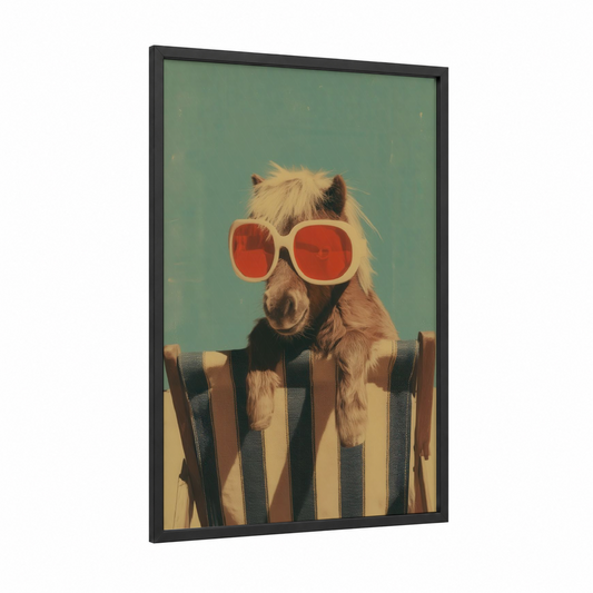 Cool Miniature Horse framed art print — black wood frame — sage green and cream palette