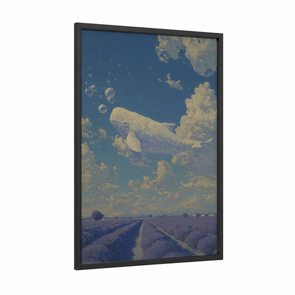 Dreaming Beluga framed beluga whale print — black wood frame — blue and gold palette
