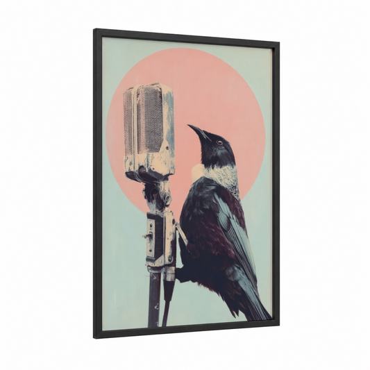 Microphone Parrot framed safari parrots print — black wood frame — peach and light green palette