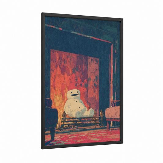Warmth Fireplace framed art print — black wood frame — dark blue and red palette