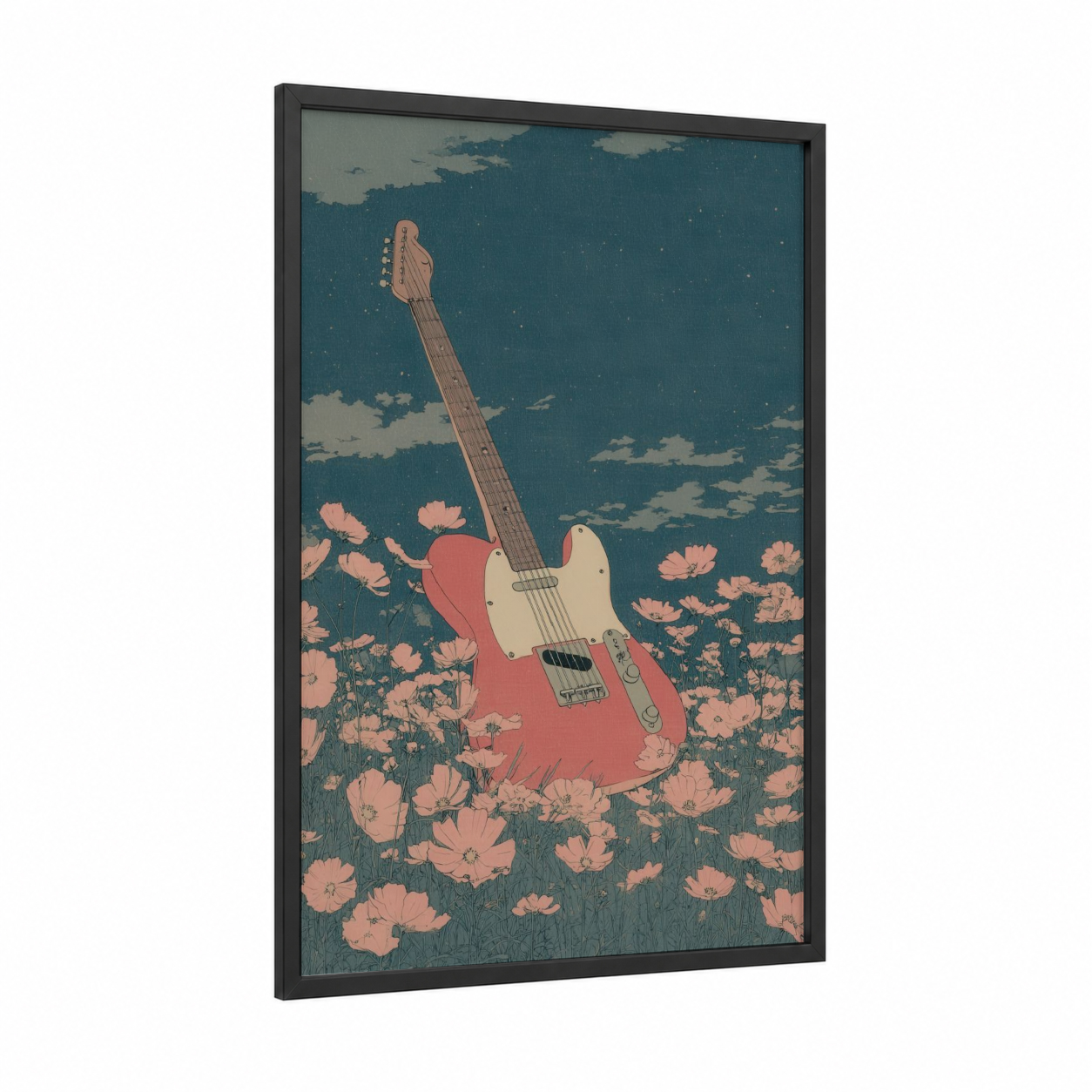 Coral Guitar Garden framed electric guitar print — black wood frame — teal and salmon pink palette