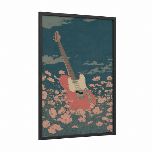 Coral Guitar Garden framed electric guitar print — black wood frame — teal and salmon pink palette