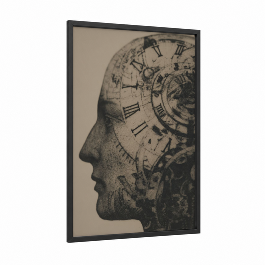 Clockwork Mind framed body art print — black wood frame — black and white and dove gray palette