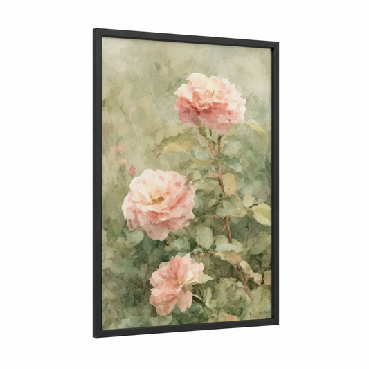 Vintage Garden Roses framed art print — black wood frame — peach and sage green palette