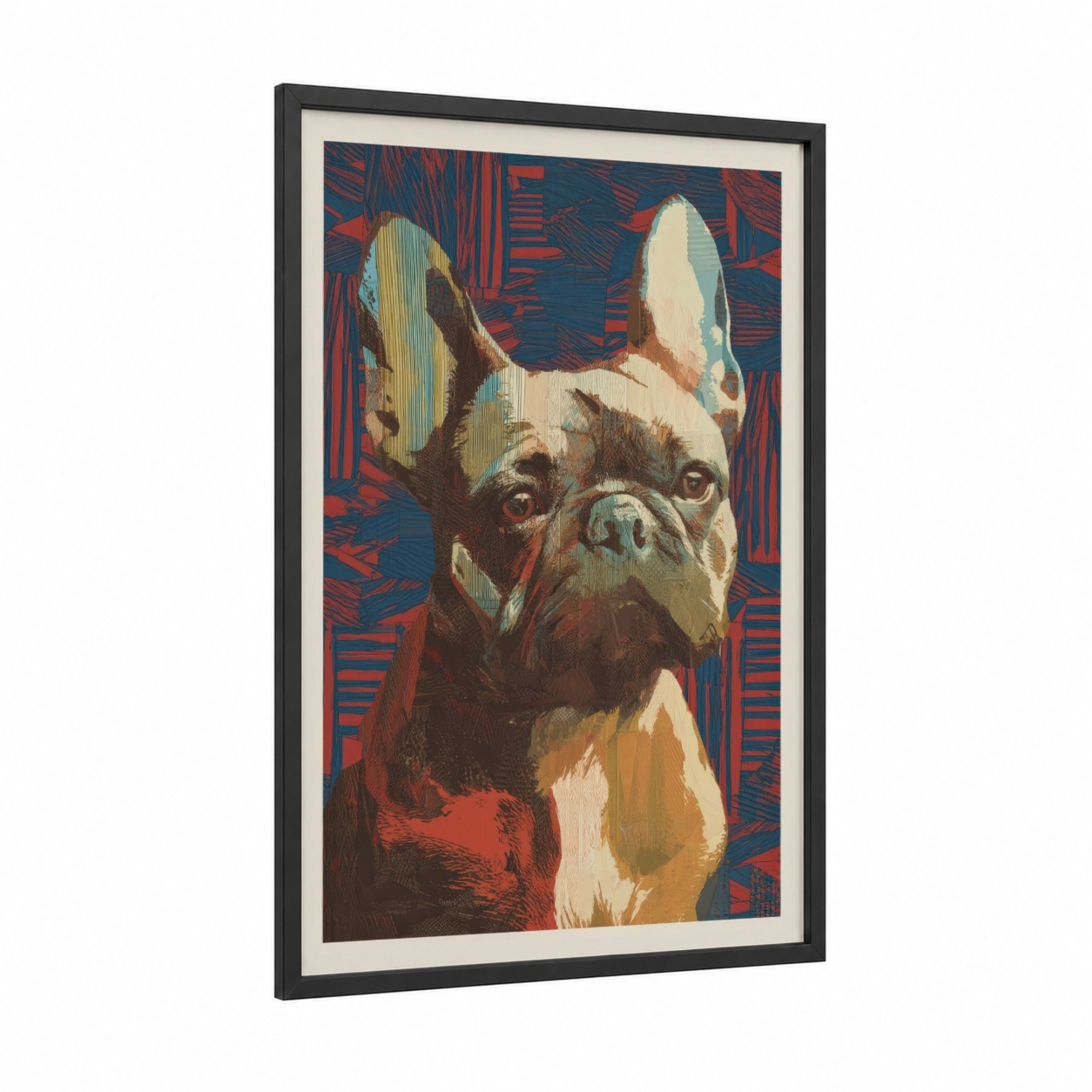 Staring Bulldog framed art print — black wood frame — dark blue and red palette