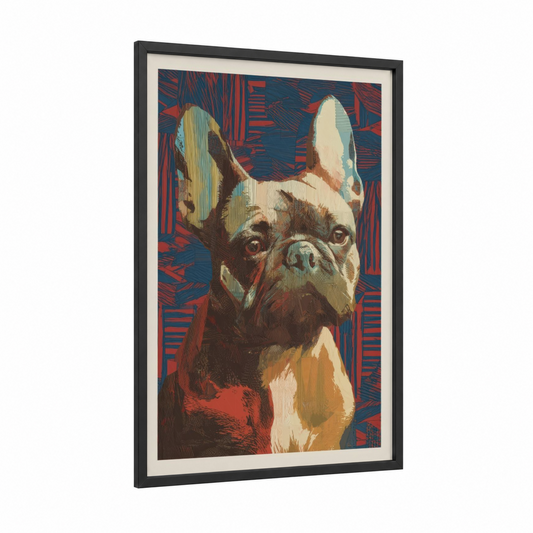 Staring Bulldog framed art print — black wood frame — dark blue and red palette