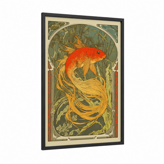 Golden Dragon Fish framed art print — black wood frame — gold and red palette
