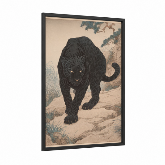 Golden-Eyed Panther framed art print — black wood frame — black and gold palette