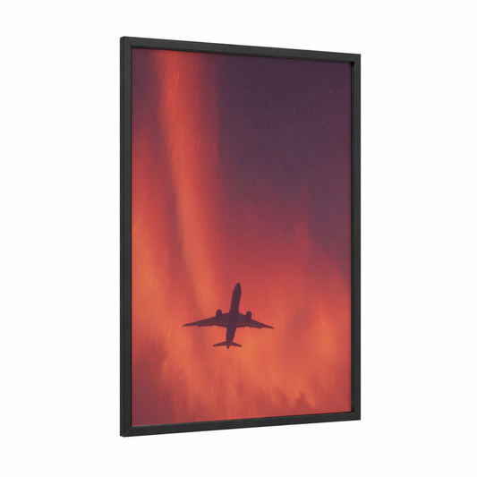 Crimson Sky Plane framed commercial plane print — black wood frame — red and orange palette