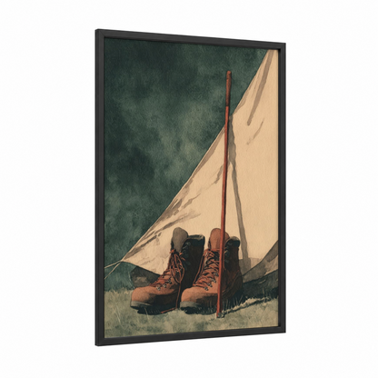 Hiking Boot Camp framed camping print — black wood frame — dark green and beige palette