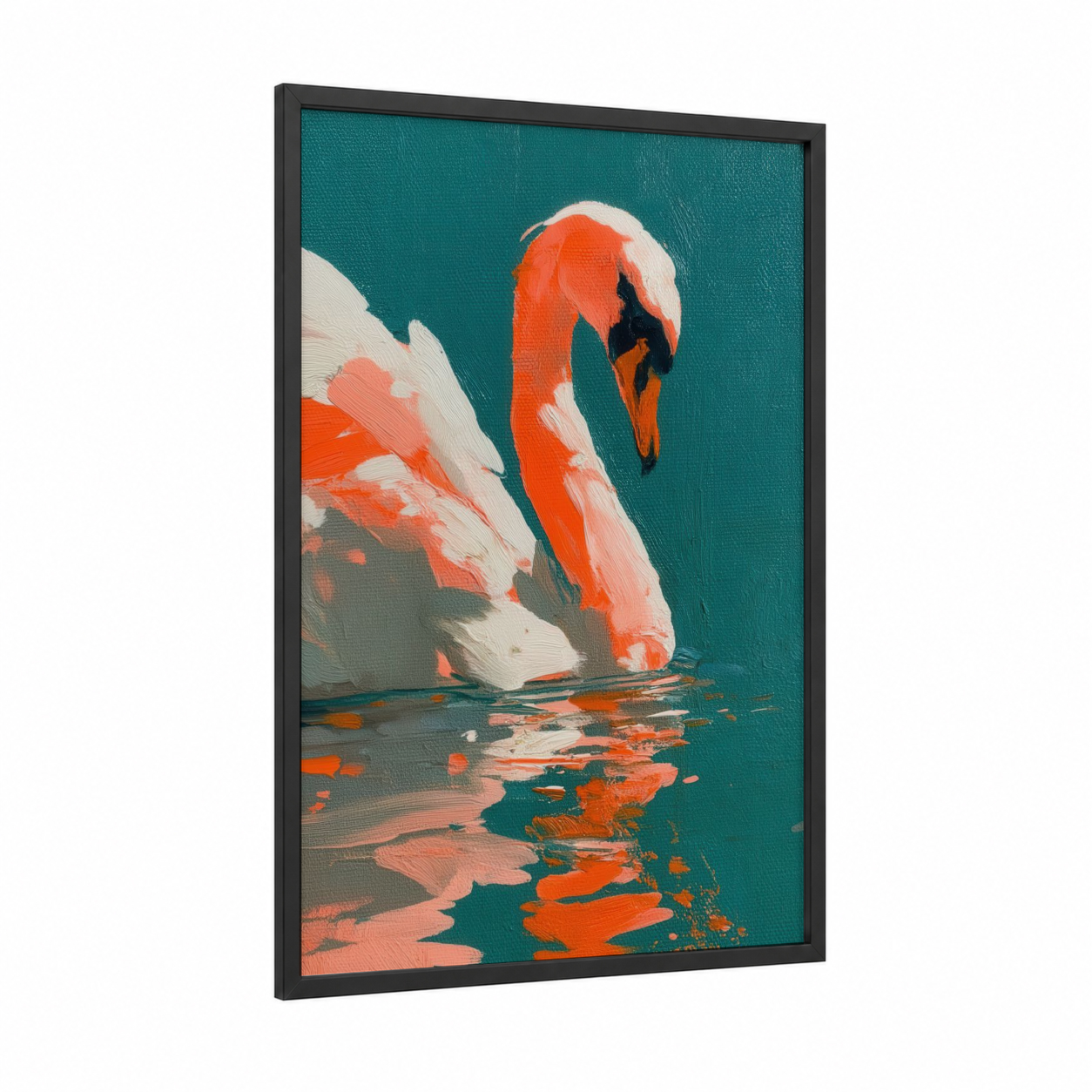 Coral Swan Portrait framed art print — black wood frame — teal and orange palette