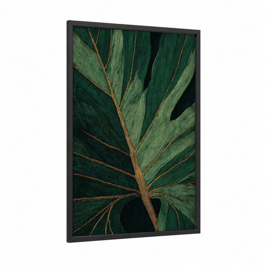 Emerald Leaf Detail framed art print — black wood frame — dark green and gold palette