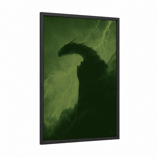 Storm Dragon framed dark fantasy print — black wood frame — dark green and black palette