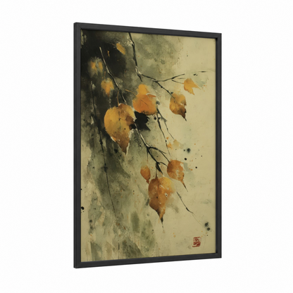 Autumn Birch Leaves framed birch tree print — black wood frame — gold and sage green palette