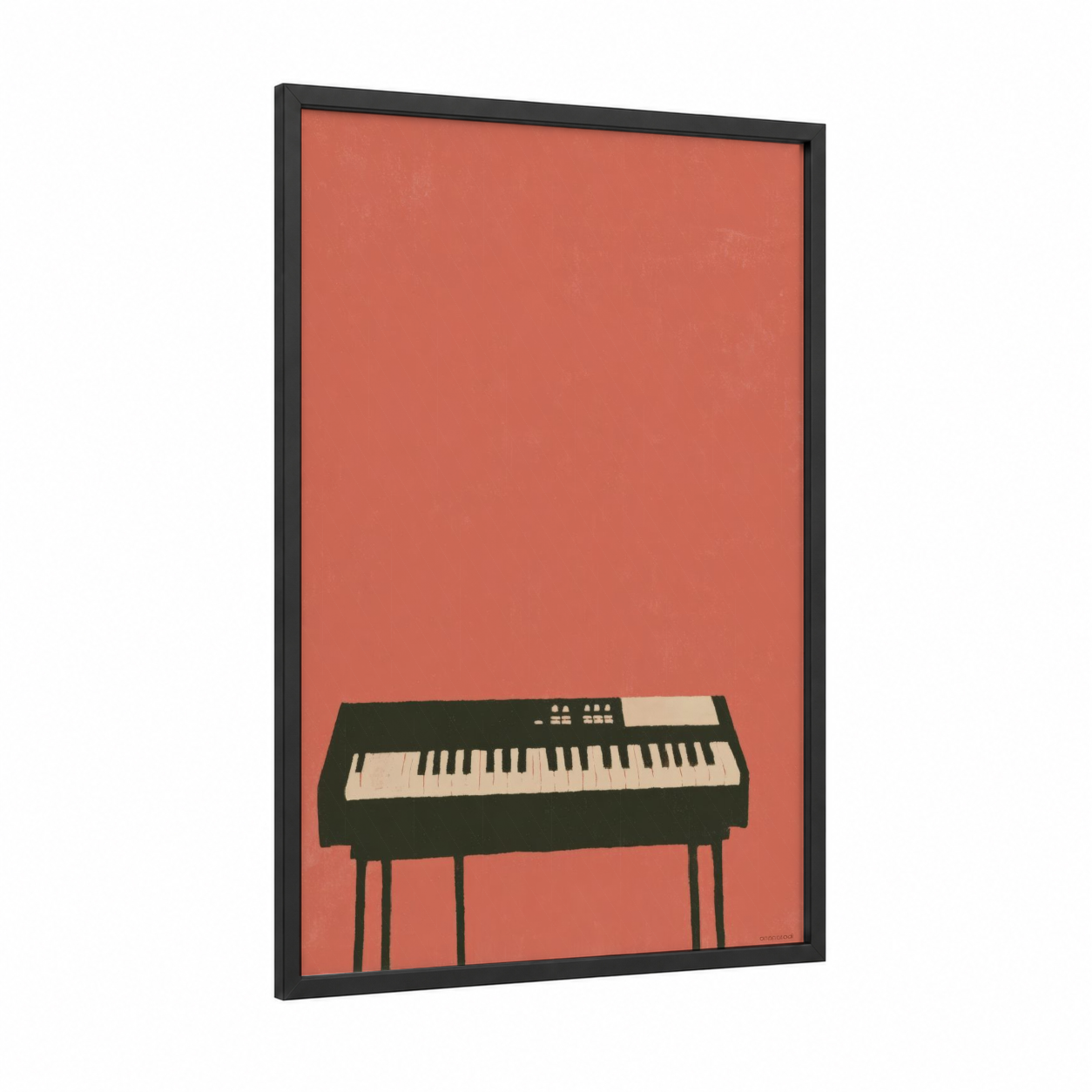 Retro Keyboard framed art print — black wood frame — salmon pink and black and white palette
