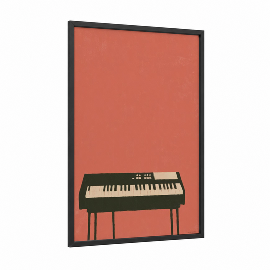 Retro Keyboard framed art print — black wood frame — salmon pink and black and white palette