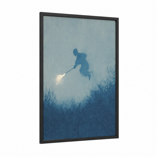 Ethereal Lacrosse framed art print — black wood frame — blue and white palette