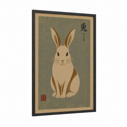 Japanese Rabbit Woodblock Print Wall Art framed art print — black wood frame — beige and sage green palette