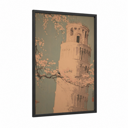 Blossoming Tower framed leaning tower of pisa print — black wood frame — peach and sage green palette