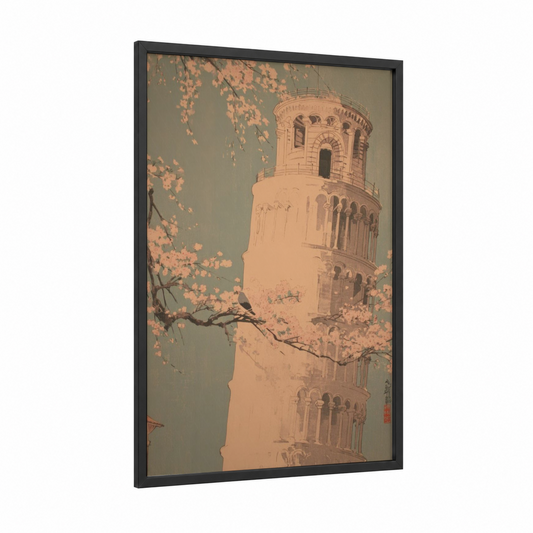 Blossoming Tower framed leaning tower of pisa print — black wood frame — peach and sage green palette