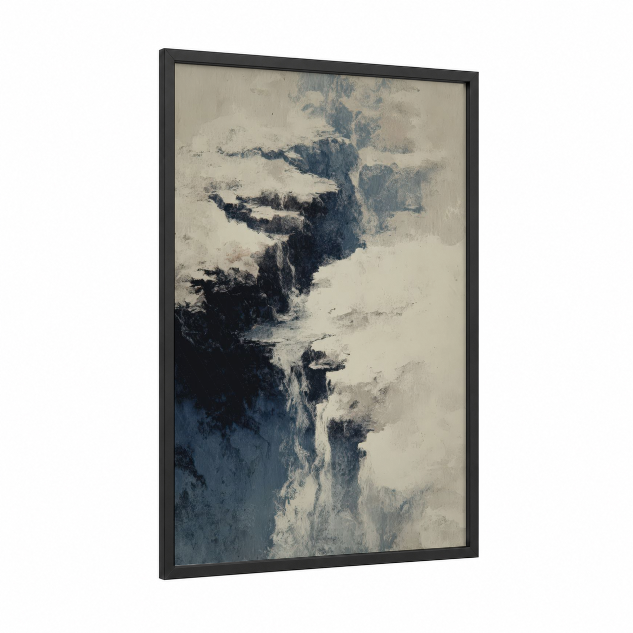 Frozen Peaks framed glacier print — black wood frame — black and white and dark blue palette