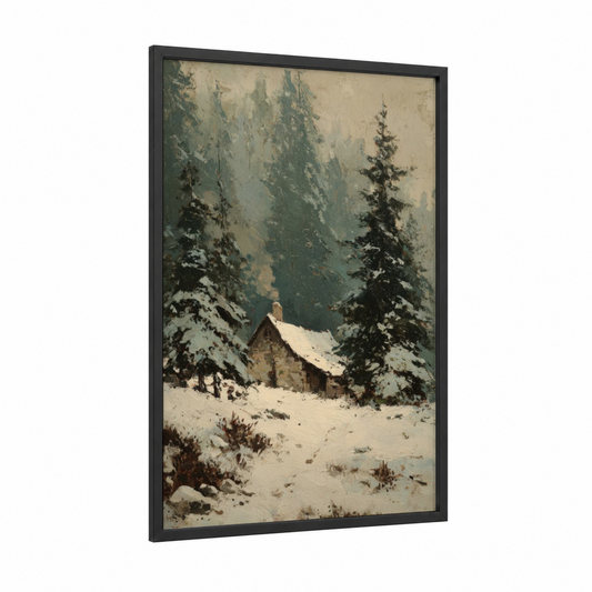 Snowy Cabin Refuge framed winter print — black wood frame — cream and sage green palette
