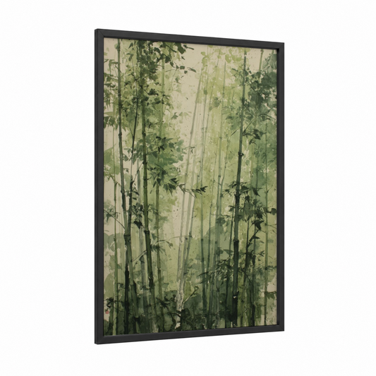 Misty Forest Grove framed forest trees print — black wood frame — light green and gray palette
