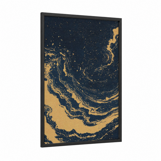 Gold Galaxy Swirl framed art print — black wood frame — black and gold and gold palette