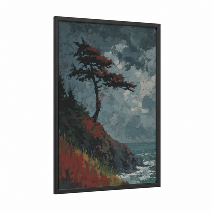 Crimson Redwood framed redwood tree print — black wood frame — teal and maroon palette