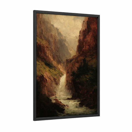 Canyon Waterfall framed art print — black wood frame — russet and gold palette