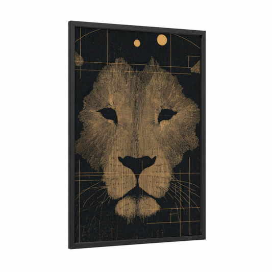 Celestial Lion framed leo print — black wood frame — gold and black palette