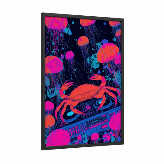 Neon Crab DJ framed art print — black wood frame — magenta and blue palette