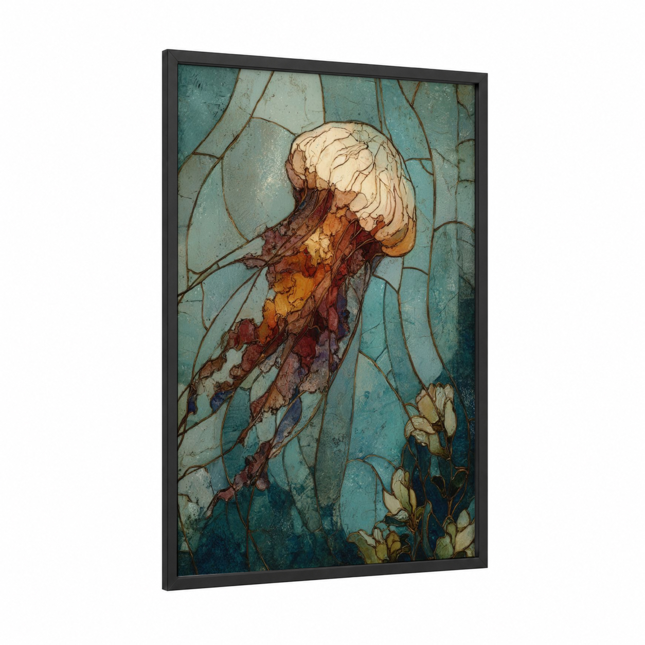 Ethereal Jellyfish framed art print — black wood frame — teal and gold palette