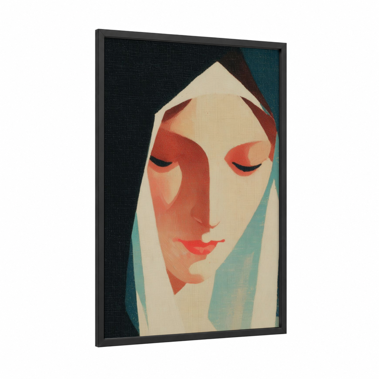 Contemplative Virgin framed virgin mary print — black wood frame — cream and teal palette