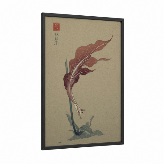 Crimson Nudibranch framed art print — black wood frame — russet and cream palette