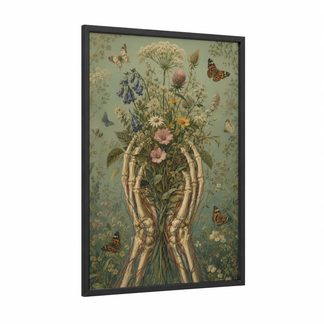 Botanical Skeleton Hands Butterfly Wall Art framed art print — black wood frame — sage green and beige palette