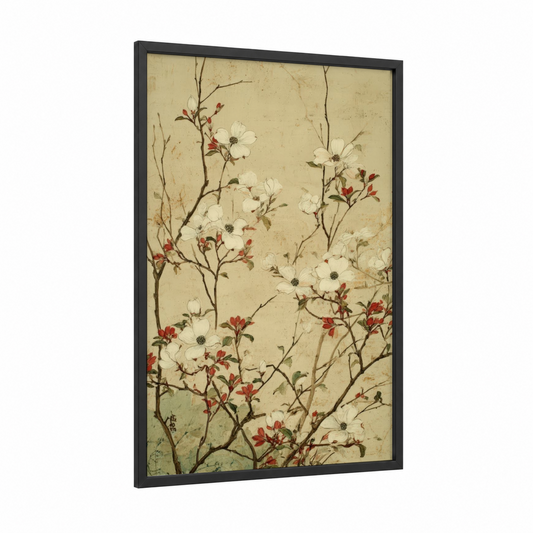 Crimson Dogwood framed art print — black wood frame — cream and maroon palette