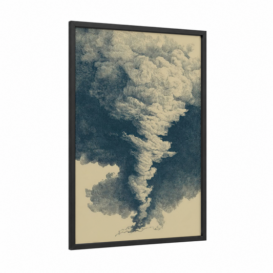 Dramatic Tornado framed art print — black wood frame — blue and white and gray palette